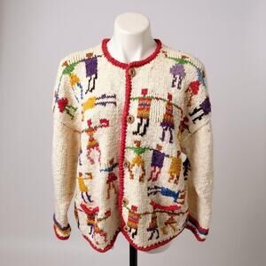 Amano Vintage Wool Hand Cream Aztec People Dancing Cardigan Sweater Size XL